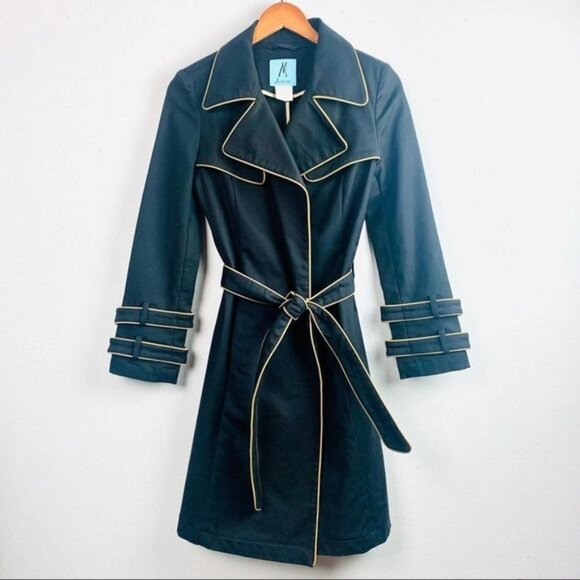 Marciano Luxury Gold Piped Black Trench Dress Coat - Picture 1 of 15